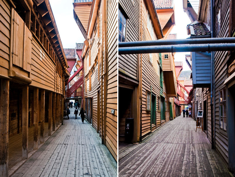 kolorowe, drewniane budynki w dzielnicy Bryggen w Bergen