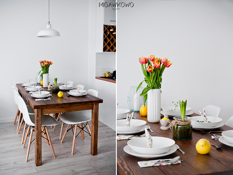 Wielkanoc - minimalistyczna i wiosenna dekoracja stołu w jadalni, tulipany, biała zastawa, dekoracje wielkanocne