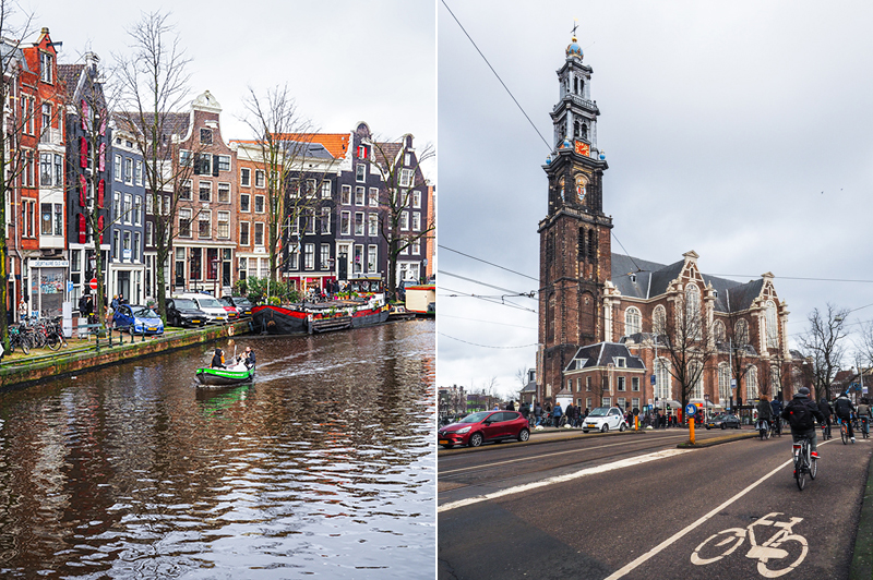 Amsterdam kolorowe kamienice domy kanał łódka kościół