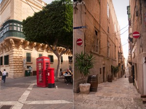 Uliczka i brytyjska angielska budka telefoniczna w mieście Valletta na Malcie